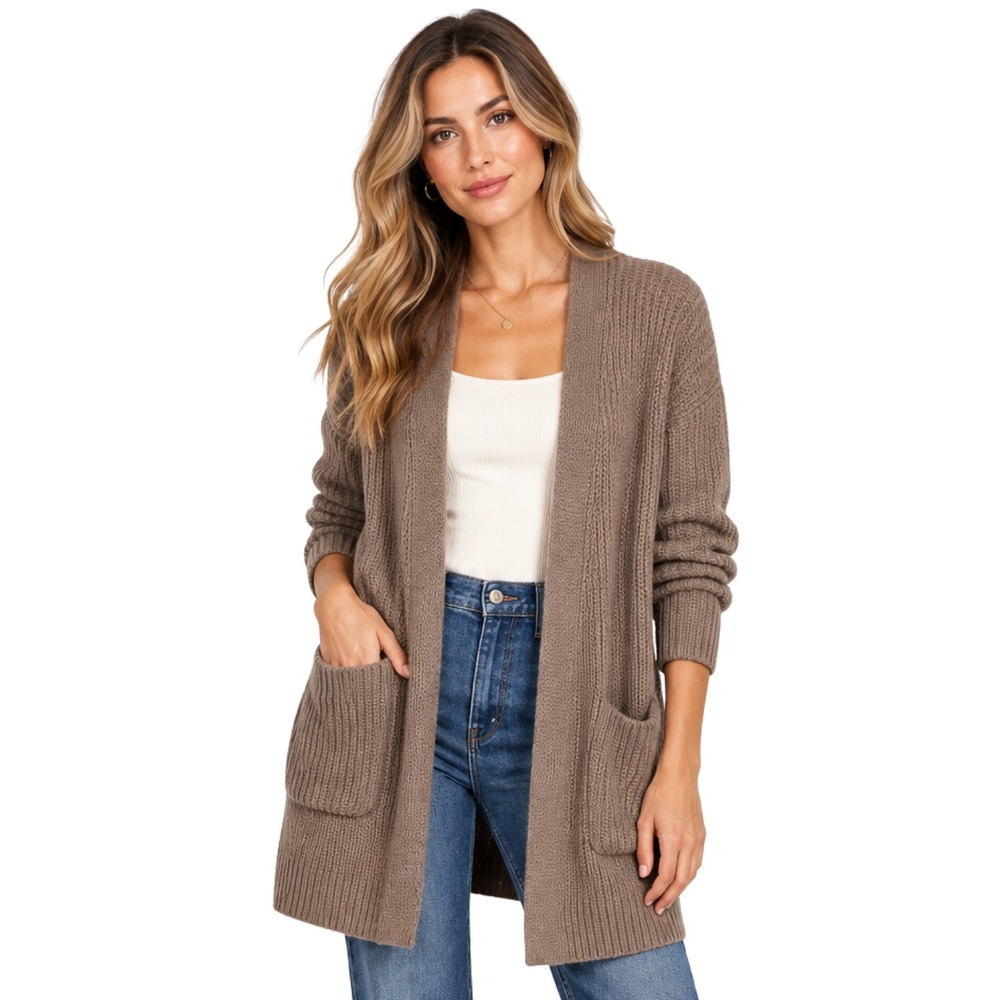 Loft Cardigan Womens Medium Tan Wool Mohair Open Front‎ Chunky Knit Cozy Sweater